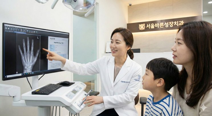 손목 엑스레이로 성장 검사 결과를 설명하는 모습
