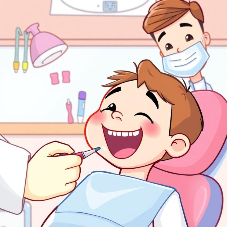 치과에서 웃으며 진료받는 아이 일러스트