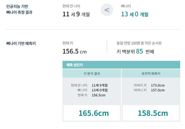 AI 뼈나이 검사 결과 예시 - 실제 나이보다 뼈나이가 빠른 경우